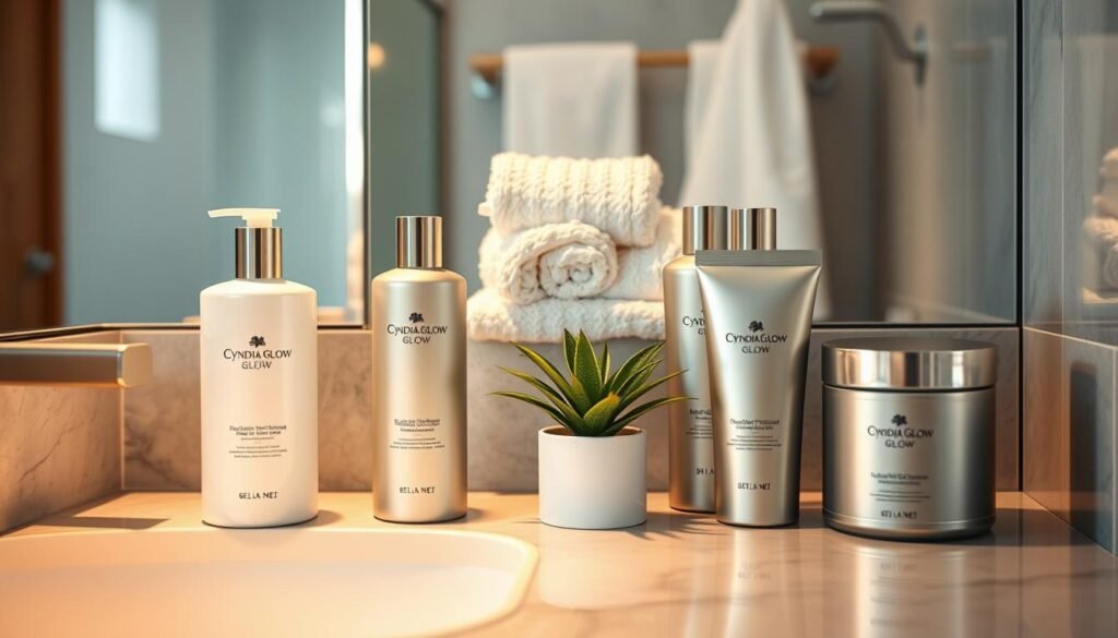 A beautifully arranged collection of hair care products from "Cyndia Glow" displayed on a sleek, modern bathroom countertop. In the foreground, focus on elegant bottles of shampoo, conditioner, and hair masks with minimalist packaging, each reflecting a soft metallic sheen. In the middle ground, include a small potted plant for a touch of freshness, while soft towels are casually draped in the background. The lighting is warm and inviting, casting gentle shadows that enhance the products' textures. The scene is shot from a slightly elevated angle, giving a sense of depth and showcasing the beauty of a hair care routine. Overall, the atmosphere is calm and serene, conveying the idea of self-care and expert recommendations in hair health.