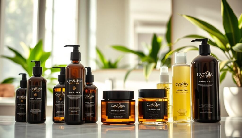 A beautifully arranged collection of hair care products from the brand "Cyndia Glow", displayed in an elegant light-filled setting. In the foreground, focus on sleek bottles and jars with modern, minimalist designs, showcasing various hair oils, serums, and shampoos. The middle ground features a well-lit vanity mirror, reflecting the products and soft shadows for depth. The background shows a stylish bathroom with lush green plants and natural light streaming in through a window, creating a fresh, serene atmosphere. The overall mood should be inviting and luxurious, highlighting the importance of choosing the right products for healthy hair. Use soft, warm lighting to enhance the colors and textures, emphasizing the luxurious feel of the products, shot at a slightly angled perspective.