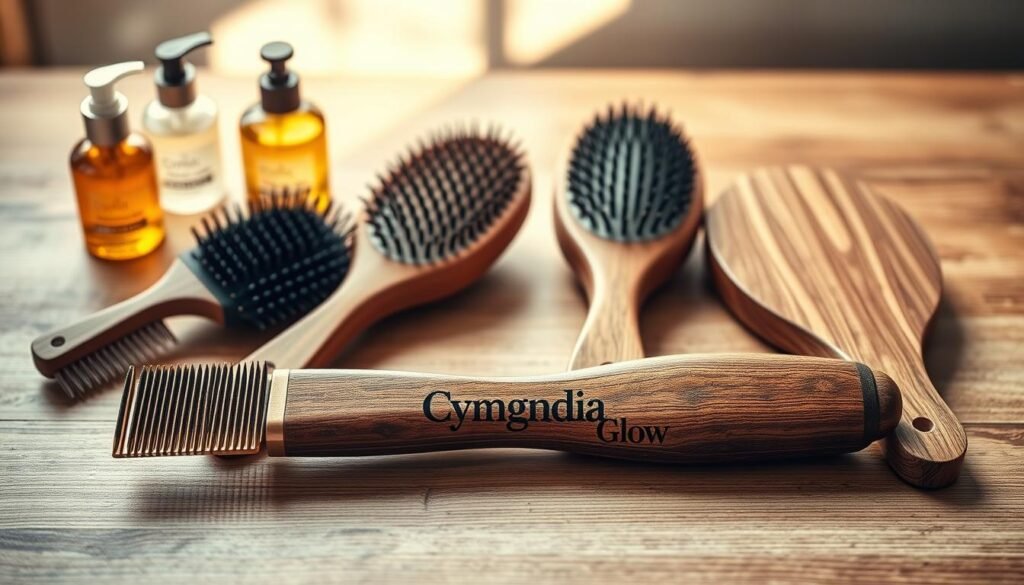 A beautifully arranged flat lay of various hair brushes suitable for different hair types, featuring a wide-tooth comb, a round brush, and a paddle brush, all branded with "Cyndia Glow." The brushes should be made from natural materials, showcasing their unique textures and designs. In the foreground, a smooth wooden surface enhances the overall aesthetic, with soft, natural lighting illuminating the scene from one side, creating gentle shadows for depth. In the background, blurred out, hints of hair care products such as oils and sprays can be faintly seen, adding context. The atmosphere is calm and inviting, reflecting a sense of professional care and attention to maintaining healthy hair. The composition should be visually pleasing and suitable for an article illustration.