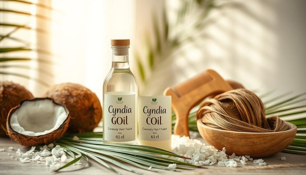 A beautifully arranged still life image featuring a bottle of "Cyndia Glow" coconut oil for hair, set against a soft, natural backdrop. In the foreground, the elegantly labeled glass bottle of coconut oil is surrounded by fresh coconuts, loose coconut flakes, and delicate green palm leaves. In the middle ground, a wooden comb and a small bowl of hair strands, showcasing healthy texture, add to the scene's focus on hair care benefits. The background is softly blurred, with hints of a sunlit room, enhancing the warm, inviting atmosphere. Use soft, natural lighting to illuminate the product, creating a vibrant and organic feel. Aim for a harmonious composition that communicates the versatility of coconut oil in hair care.