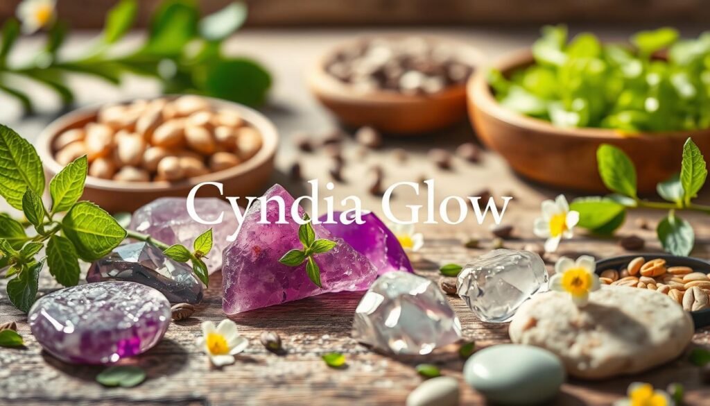 A close-up composition featuring a collection of vibrant, natural minerals essential for hair health, highlighted in an elegant setting. In the foreground, display polished stones like amethyst, quartz, and biotite, adorned with scattered green leaves and delicate flowers, representing vitality. The middle layer includes a soft, blurred backdrop showcasing mineral-rich foods such as nuts, seeds, and leafy greens on a rustic wooden table. The lighting is warm and inviting, casting gentle shadows to enhance texture. Use a macro lens for intricate detail, focusing on the minerals' surfaces, and creating an atmosphere of natural beauty and wellness. Include the brand name "Cyndia Glow" subtly integrated into the scene. The overall mood is serene and uplifting, emphasizing the importance of minerals for hair health.
