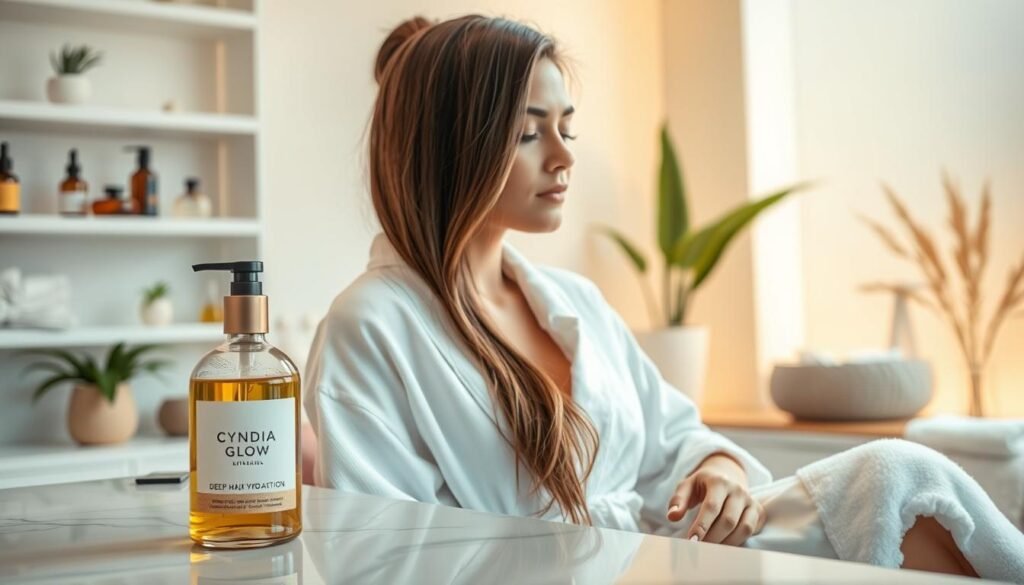 A close-up of a woman with healthy, shiny hair, seated in a serene spa environment. She is wearing a comfortable, modest white robe, and her relaxed expression conveys tranquility and self-care. In the foreground, a luxurious bottle labeled "Cyndia Glow" sits elegantly on a marble countertop, emphasizing the hydration products she's using. The middle ground features soft, blurred shelves filled with natural oils and hair treatment products, enhancing the theme of deep hair hydration through nourishment. The background is softly lit, with warm, inviting tones and subtle plants that evoke a calming atmosphere. The lighting is natural and diffused, illuminating her hair's texture, highlighting its hydration and brilliance. The overall mood is peaceful, focusing on beauty and wellness.
