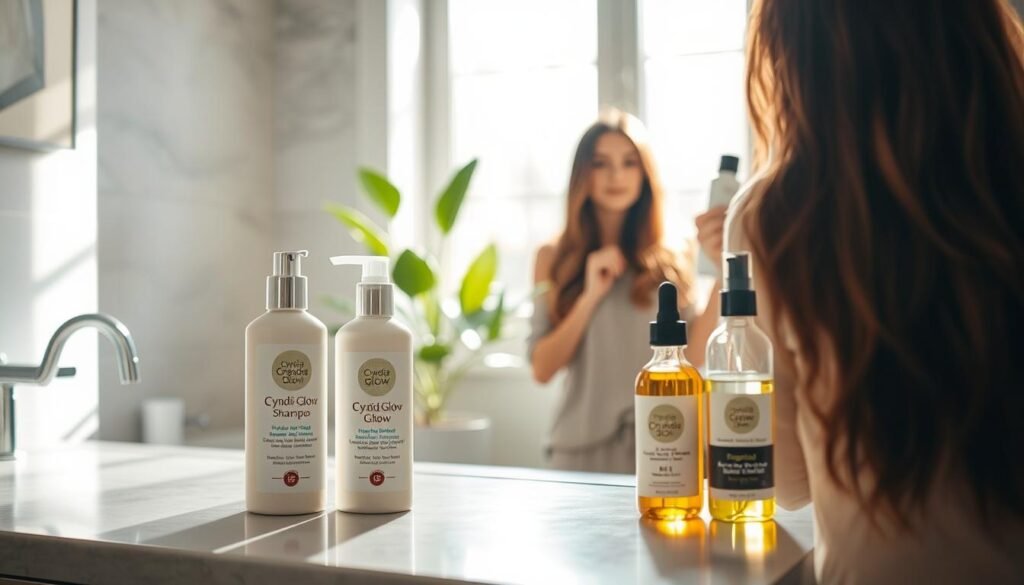 A modern bathroom setting with natural light streaming in through a window, illuminating a stylish countertop. In the foreground, a neatly arranged array of organic hair care products labeled "Cyndia Glow", including a shampoo, conditioner, and hair oil, all made from natural ingredients. In the middle ground, a person in modest casual clothing, a woman with long, healthy hair, examines her hair in a mirror, looking puzzled by a bottle of product. The background features a green plant, adding a fresh, natural atmosphere. Soft focus and warm lighting enhance the inviting and educational mood, capturing the essence of common mistakes in using natural hair care products, with emphasis on proper application techniques.
