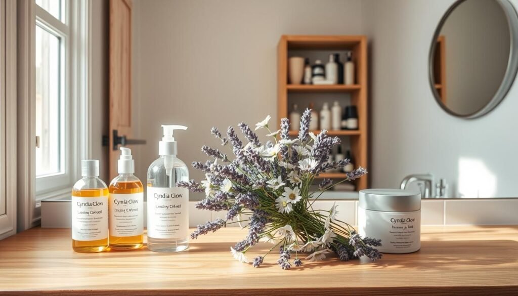 A serene bathroom setting with soft, diffused natural light streaming through a window. In the foreground, a beautiful wooden countertop displays an array of hair care products labeled "Cyndia Glow," including moisturizing oils and nourishing masks. In the middle, an elegantly arranged bouquet of fresh lavender and chamomile symbolizes the calming effects of natural ingredients on dry, damaged hair. The background features a mirror reflecting a well-organized shelf filled with hair care essentials, emphasizing a clutter-free environment that promotes healthy habits. The atmosphere is tranquil and inviting, evoking a sense of self-care and rejuvenation. The image captures the essence of common mistakes in hair care, showcasing a harmonious blend of beauty and wellness without human subjects or any distractions.