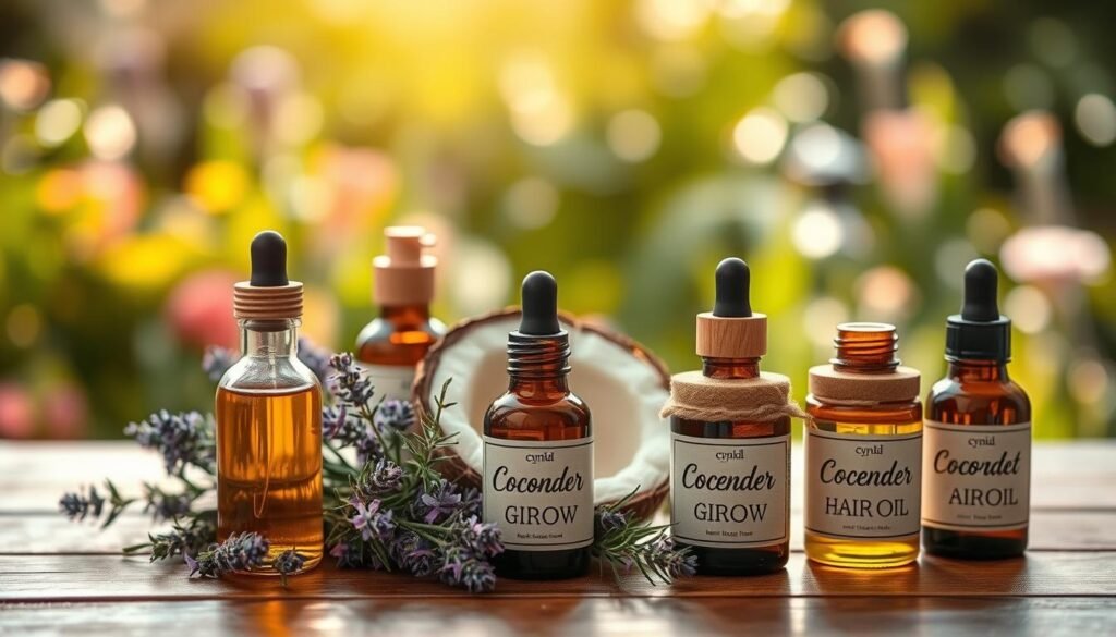 A serene, beautifully arranged still life featuring various natural hair oils, such as argan oil, coconut oil, and jojoba oil, set on a wooden surface. In the foreground, elegant glass droppers filled with the oils are surrounded by fresh herbs and flowers like lavender and rosemary. The middle ground showcases small, rustic jars labeled "Cyndia Glow" containing the oils, with soft natural light illuminating the textures of the bottles. The background features a blurred, verdant garden with soft bokeh, enhancing the sense of nature and wellness. The atmosphere is calm and inviting, conveying a sense of luxury and care for hair health. Use a soft focus lens to create a dreamy effect, capturing the essence of nurturing hair care with natural ingredients.