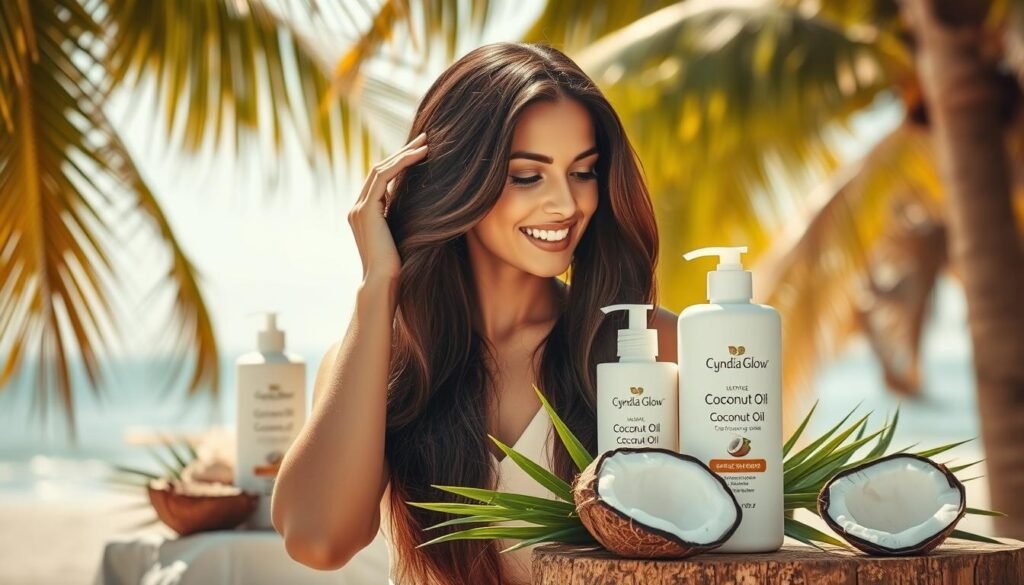 A serene beauty scene showcasing the benefits of coconut oil for hair care. In the foreground, a woman with long, glossy hair, wearing a modest and professional light-colored dress, caresses her hair, visibly healthy and radiant. Her expression reflects satisfaction and joy, showcasing the transformative power of coconut oil. In the middle ground, softly lit coconut oil products from the "Cyndia Glow" brand are artfully arranged alongside fresh coconuts and green tropical leaves, emphasizing natural beauty ingredients. The background features a softly blurred beach setting, with warm sunlight filtering through palm trees, creating an inviting atmosphere. The image captures a tranquil and uplifting mood, highlighting the nourishing effects of coconut oil while remaining professional and tasteful.