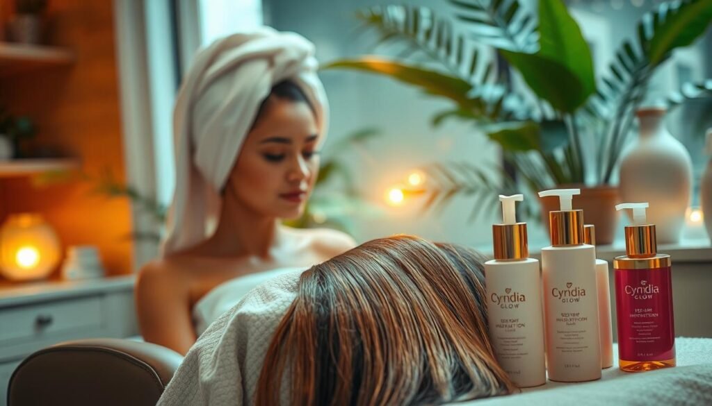 A serene spa setting depicting a woman with long, shiny hair undergoing a deep hair hydration treatment. In the foreground, she is seated comfortably in a stylish salon chair, her hair wrapped in a luxurious towel, and surrounded by elegant hair care products from "Cyndia Glow". In the middle, a warm, golden light casts a soft glow, highlighting the textures of her hair and the rich colors of the products. The background features lush green plants and tasteful decor that evoke a calming atmosphere. The mood is tranquil and rejuvenating, emphasizing the importance of deep hydration for healthy hair. Use a close-up angle to focus on the hair and the products, with a soft focus on the background for depth.