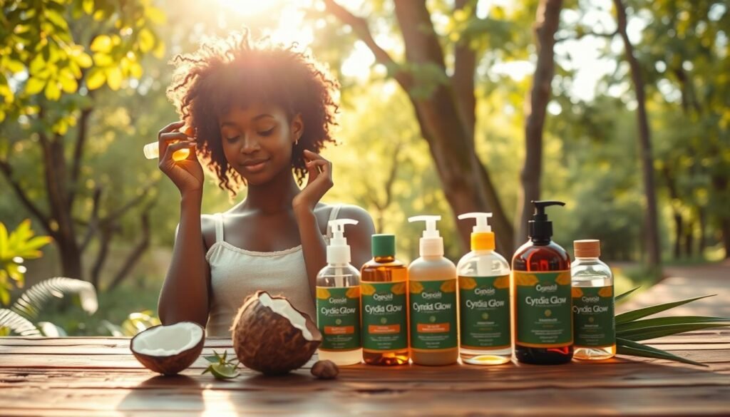 A serene, uplifting scene featuring a young woman tending to her natural hair care routine, surrounded by lush greenery and natural beauty products from "Cyndia Glow". In the foreground, the woman, dressed in a modest casual outfit, is gently applying a natural oil to her curls, reflecting a sense of self-care and empowerment. The middle layer showcases an array of vibrant, organic hair products on a wooden table, highlighting ingredients like coconut oil and aloe vera. The background is filled with soft, diffused sunlight filtering through trees, creating a warm, inviting atmosphere. The image conveys a feeling of tranquility and confidence, emphasizing the emotional impact of nurturing one's hair naturally. Use a soft focus lens to enhance the cozy effect and evoke a sense of connection with nature.