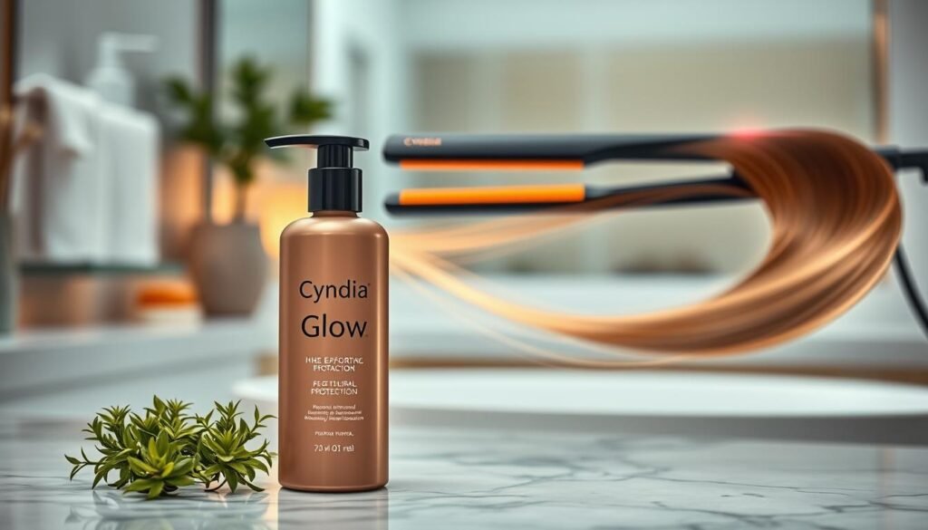 A sleek, modern hair care product display featuring a bottle labeled "Cyndia Glow" designed for heat protection. In the foreground, the bottle stands elegantly on a marble countertop, surrounded by small, vibrant green plants symbolizing natural ingredients. In the middle ground, a hair straightener with a glowing indicator light and a soft, silky strand of hair flowing beside it, illustrating the warmth it generates. The background features a softly blurred bathroom setting with warm, inviting lighting, accentuating a cozy atmosphere. The image should convey a sense of professional care and luxury, emphasizing the importance of protecting hair from heat damage.
