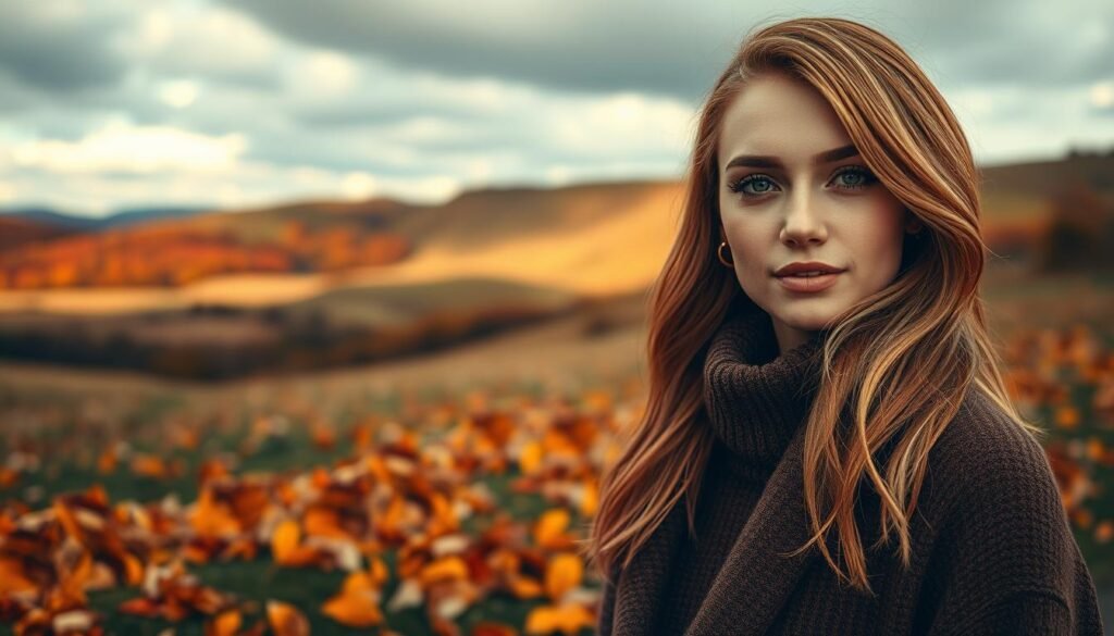 A stunning autumn-winter color palette inspired by seasonal trends, showcasing rich hues like warm copper, deep burgundy, and golden blonde. In the foreground, a model with professionally styled hair featuring blended hair colors styled elegantly, dressed in a cozy and chic fall outfit. The middle ground features scattered leaves in various shades of orange, yellow, and brown, creating a natural, textured backdrop. In the background, soft focus, rolling hills under a moody, cloudy sky reflecting the transitioning seasons. The scene is illuminated with soft, warm lighting that evokes a feeling of calm and coziness, reminiscent of a tranquil afternoon stroll during autumn. Capture this as a beautifully composed editorial image, representing “Cyndia Glow” style and elegance, without any text elements.