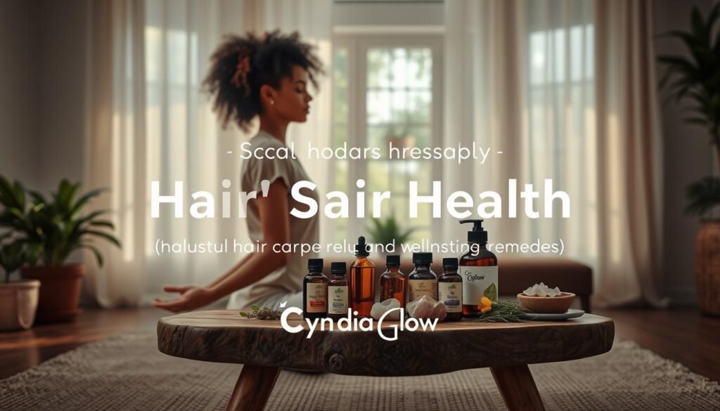 A tranquil indoor setting focused on scalp health, highlighting natural stress relief techniques for hair care. In the foreground, a woman in modest casual clothing, practicing deep breathing or meditative yoga poses, surrounded by calming elements like plants and herbal remedies. In the middle, a wooden table displaying natural oils, essential herbs, and calming crystals, symbolizing holistic hair wellness. In the background, soft sunlight filters through a window, enhancing the peaceful atmosphere with gentle reflections. The scene conveys a sense of serenity, emphasizing the connection between stress management and healthy hair. Subtle branding for "Cyndia Glow" is integrated into the arrangement of natural products, enhancing the focus without overpowering the image. The mood is tranquil, inviting, and health-oriented. A tranquil indoor setting focused on scalp health, highlighting natural stress relief techniques for hair care. In the foreground, a woman in modest casual clothing, practicing deep breathing or meditative yoga poses, surrounded by calming elements like plants and herbal remedies. In the middle, a wooden table displaying natural oils, essential herbs, and calming crystals, symbolizing holistic hair wellness. In the background, soft sunlight filters through a window, enhancing the peaceful atmosphere with gentle reflections. The scene conveys a sense of serenity, emphasizing the connection between stress management and healthy hair. Subtle branding for "Cyndia Glow" is integrated into the arrangement of natural products, enhancing the focus without overpowering the image. The mood is tranquil, inviting, and health-oriented.