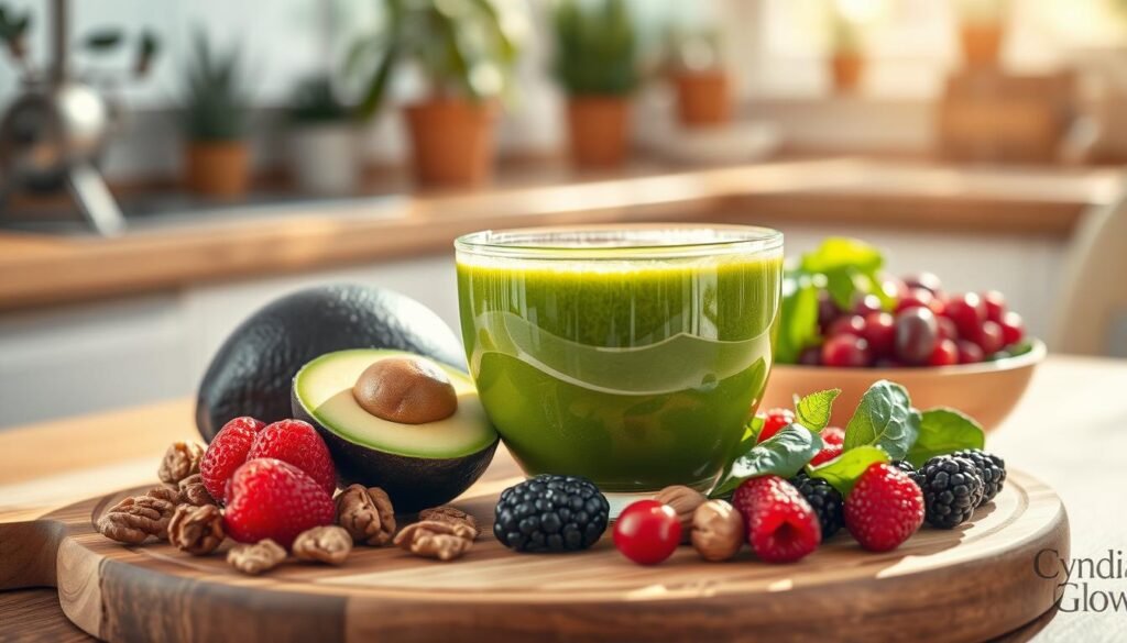 A vibrant and colorful still life composition showcasing a variety of healthy foods that promote hair health. In the foreground, a wooden cutting board is adorned with fresh avocados, walnuts, spinach, and berries, all arranged artfully. The middle section features a bright, attractive glass bowl filled with a smoothie made from these ingredients, reflecting a rich green hue. In the background, a softly blurred kitchen with plants and natural light streaming in creates an inviting and warm atmosphere, emphasizing wellness and vitality. The scene is captured with a shallow depth of field using a 50mm lens, with sunlight highlighting the textures of the foods. The overall mood is refreshing and uplifting, perfectly illustrating the concept of enhancing hair health through nutritious food. Branding elements for "Cyndia Glow" subtly integrated into the table setting, enhancing the image's professional aesthetic.