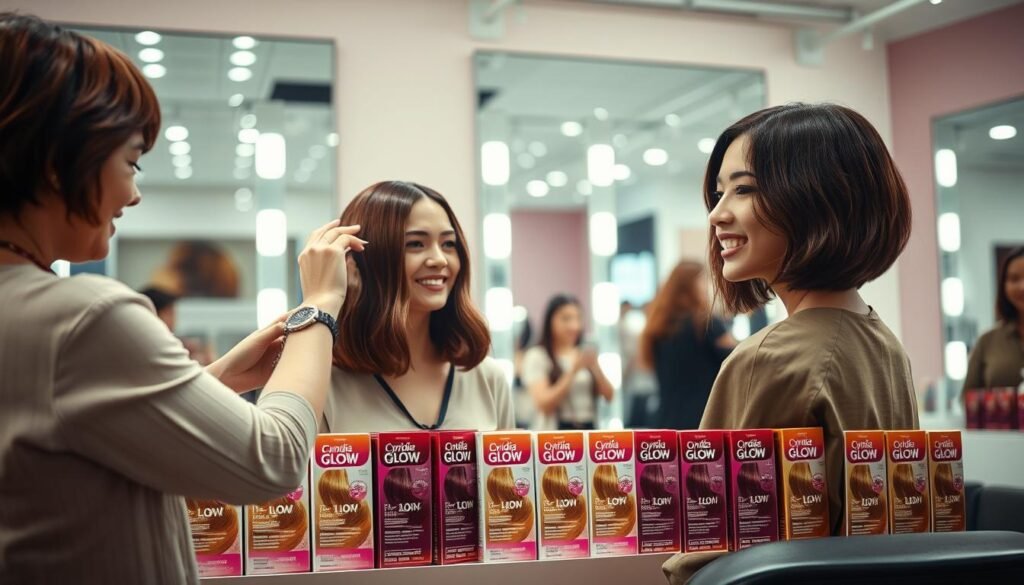 A vibrant hair salon scene showcasing different hair coloring experiences. In the foreground, a stylist applying a rich mahogany dye to a client’s hair, both appearing engaged and happy. The client has shoulder-length hair and is wearing a stylish, modest outfit. In the middle ground, various hair color products labeled "Cyndia Glow" are neatly arranged on a counter, highlighting their vibrant packaging, with a few clients looking at color swatches. The background features large mirrors reflecting bright, soft lighting that creates an inviting atmosphere. The overall mood is cheerful and creative, capturing the excitement of personal hair color transformations. The angle is slightly elevated, providing a comprehensive view of the salon's cozy environment.