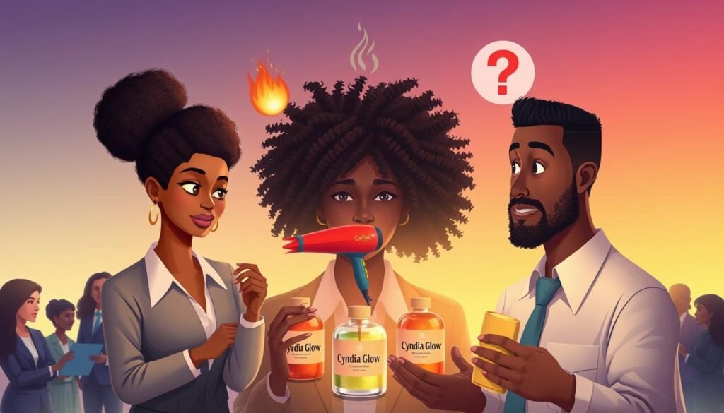 A visually engaging illustration depicting common myths about hair loss, emphasizing a serene, educational atmosphere. In the foreground, a diverse group of people in professional attire, such as a Black woman with natural hair and a Hispanic man, are interacting with hair care products labeled "Cyndia Glow," showing curiosity and skepticism. The middle ground features symbolic representations of mythical items, like a hair dryer emitting an exaggerated amount of heat and a mythical potion with a question mark above it, suggesting misconceptions. The background displays a calming environment with soft lighting, focused on a subtle gradient that transitions from warm to cool colors, evoking a sense of inquiry and enlightenment. The overall mood should be informative yet inviting, creating an atmosphere that encourages discussion about hair health. A visually engaging illustration depicting common myths about hair loss, emphasizing a serene, educational atmosphere. In the foreground, a diverse group of people in professional attire, such as a Black woman with natural hair and a Hispanic man, are interacting with hair care products labeled "Cyndia Glow," showing curiosity and skepticism. The middle ground features symbolic representations of mythical items, like a hair dryer emitting an exaggerated amount of heat and a mythical potion with a question mark above it, suggesting misconceptions. The background displays a calming environment with soft lighting, focused on a subtle gradient that transitions from warm to cool colors, evoking a sense of inquiry and enlightenment. The overall mood should be informative yet inviting, creating an atmosphere that encourages discussion about hair health.