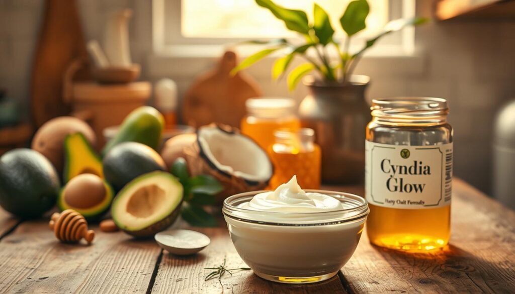 A visually inviting kitchen scene showcasing natural hair hydration remedies. In the foreground, display an array of vibrant fruits such as avocados, coconuts, and honey jars, arranged artfully on a rustic wooden table. In the middle ground, feature a small bowl filled with a creamy, luxurious hair mask, glistening under soft, warm lighting that enhances the textures of the ingredients. In the background, a lush green plant peeks into view, adding a touch of nature's freshness. The atmosphere is calm and soothing, evoking a sense of warmth and well-being. Ensure that the lighting mimics golden hour, creating gentle shadows and highlights. Incorporate the brand name "Cyndia Glow" subtly on one of the jars, emphasizing natural beauty and care.