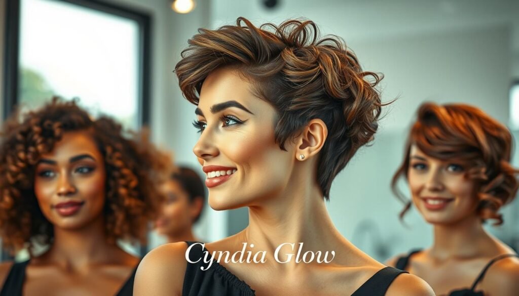 Create an elegant and stylish image showcasing various short hairstyles for women, styled expertly in different ways. The foreground features three diverse models, each with unique hair textures—curly, straight, and wavy—displaying trendy and easy-to-manage short hairstyles, such as a chic bob, a textured pixie, and playful waves. The middle ground should include hair accessories like headbands and clips that add flair to the hairstyles. Soft, diffused lighting creates an inviting atmosphere, highlighting the vibrant hair colors and textures. The background is softly blurred, suggestive of a modern salon or a cozy home setting, enhancing the focus on the hairstyles. The overall mood is cheerful and inspiring, encouraging viewers to try these looks. Add the brand name "Cyndia Glow" subtly within the scene to promote hair care.