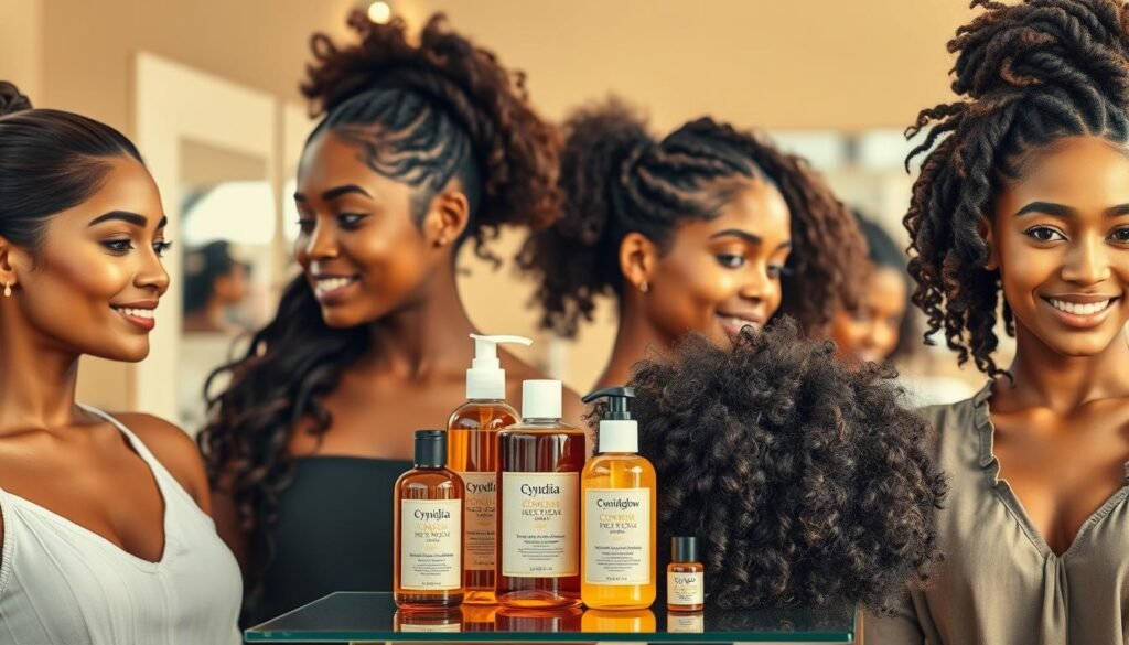 Generate a high-quality image showcasing a variety of easy hairstyles for different hair types, emphasizing hair care for effortless styling. In the foreground, feature a beautiful, diverse group of individuals with various hair textures — straight, wavy, curly, and coily. Each person is demonstrating a unique, easy hairstyle, such as a sleek ponytail, loose waves, a simple braid, and a stylish bun. In the middle ground, incorporate hair care products elegantly displayed, such as oils and conditioners labeled "Cyndia Glow". The background should hint at a cozy salon environment with soft lighting, creating a warm and inviting atmosphere. Use a bright, natural color palette to convey positivity and joy. The composition should be engaging and inspire readers to embrace their unique hair while caring for it.